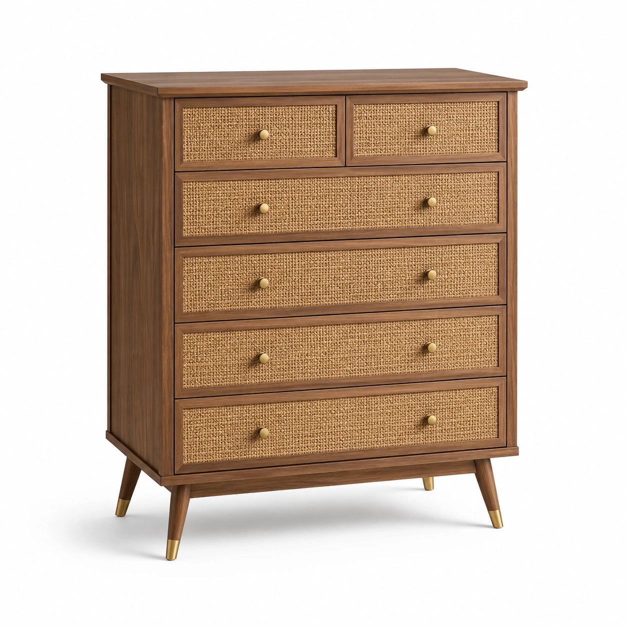 Commode 6 tiroirs en bois et rotin brun