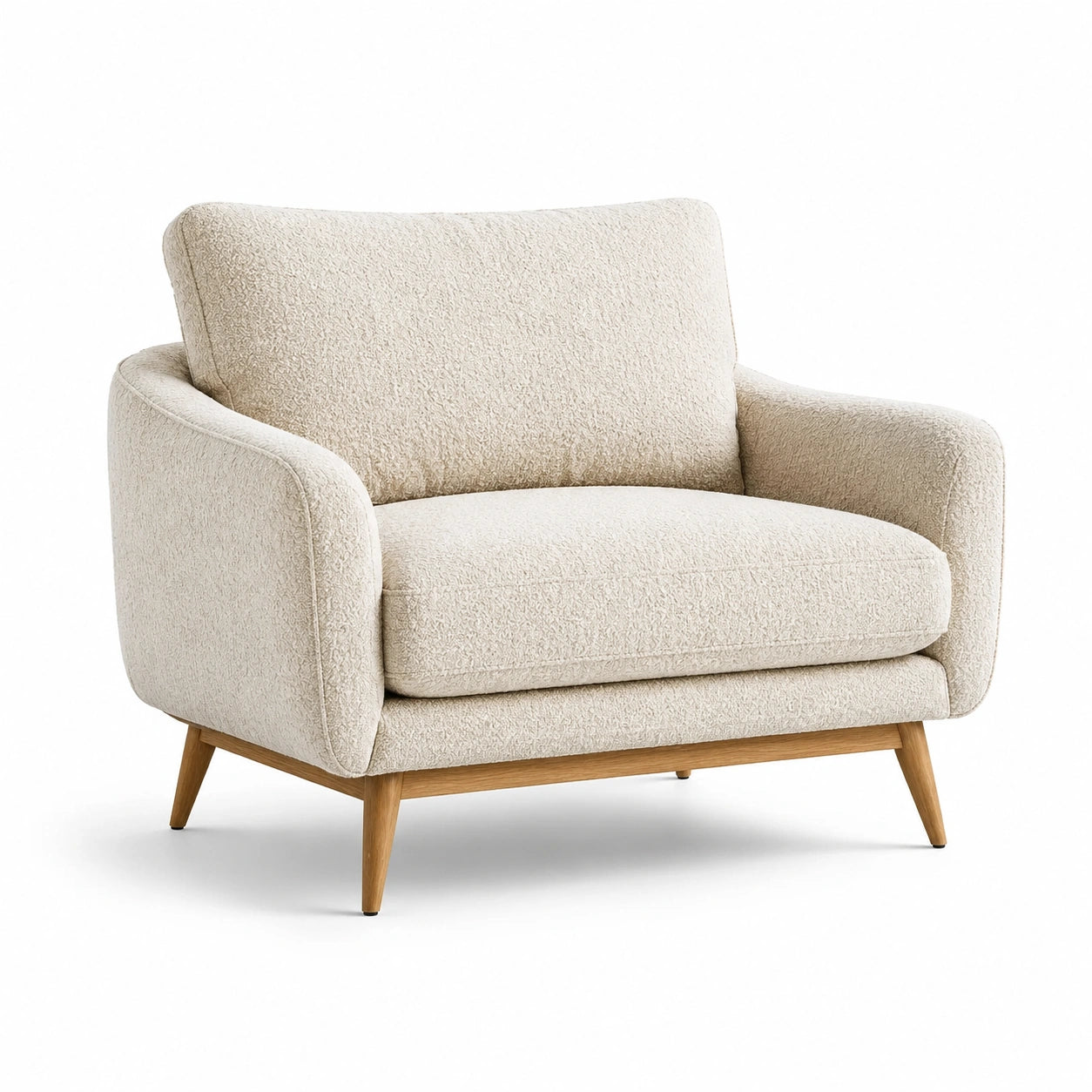 Fauteuil en Bouclé Crème avec Pieds en Bois