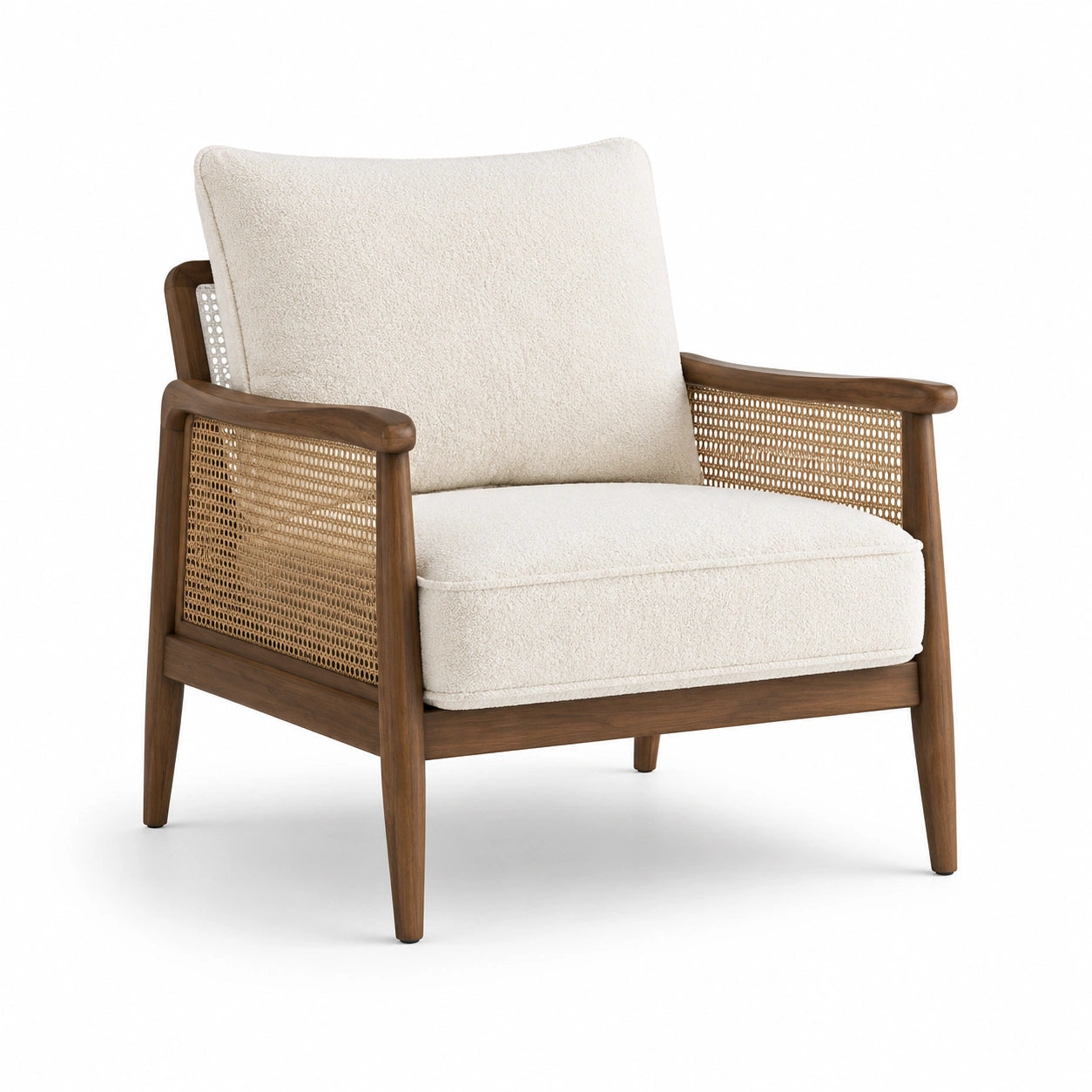 Fauteuil en bois et rotin avec coussin en polyester crème