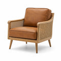 Fauteuil en cuir synthétique marron avec cadre en chêne et rotin