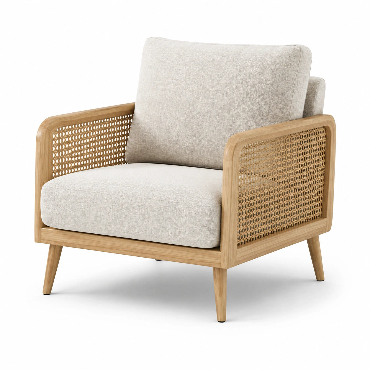 Fauteuil en bois et rotin avec tissu beige