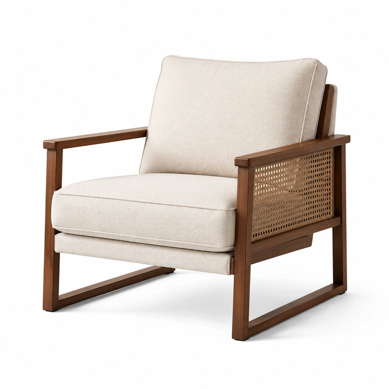 Fauteuil en bois et rotin avec rembourrage en tissu beige