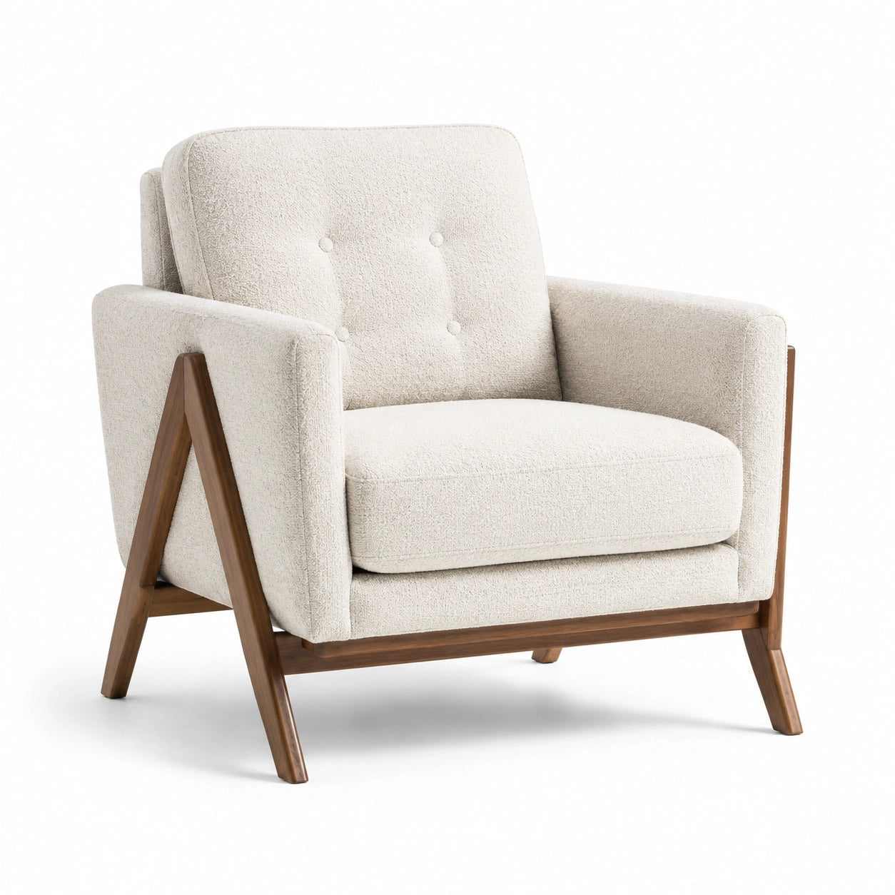 Fauteuil en bois et tissu bouclé crème