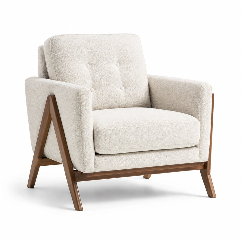 Fauteuil en bois et tissu bouclé crème