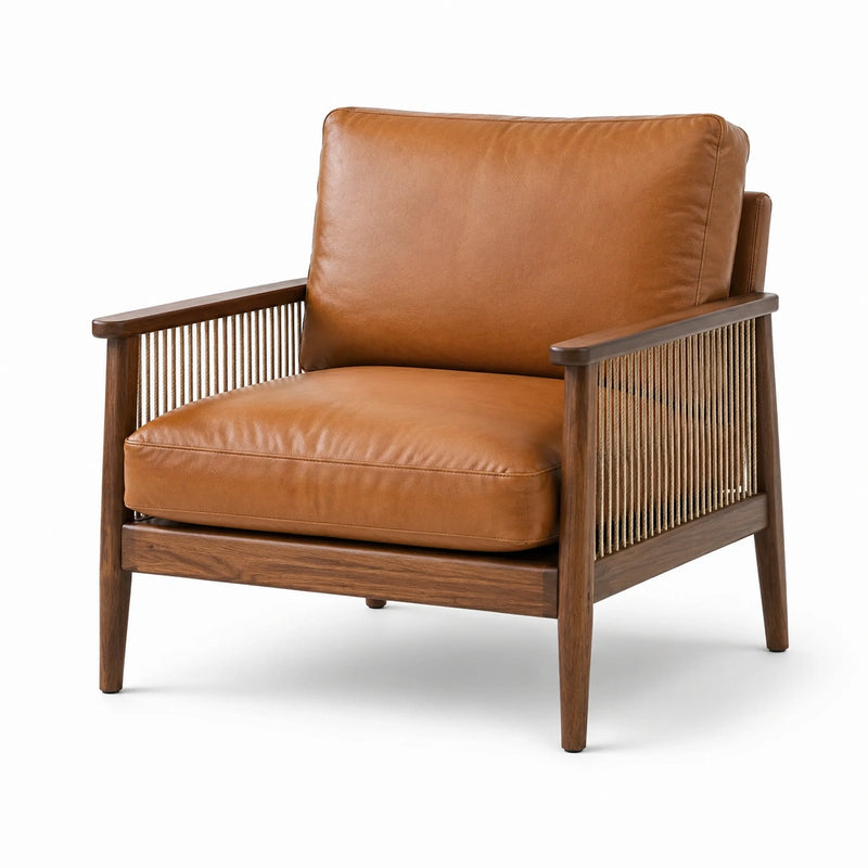 Fauteuil en cuir avec cadre en bois de chêne et accoudoirs en corde