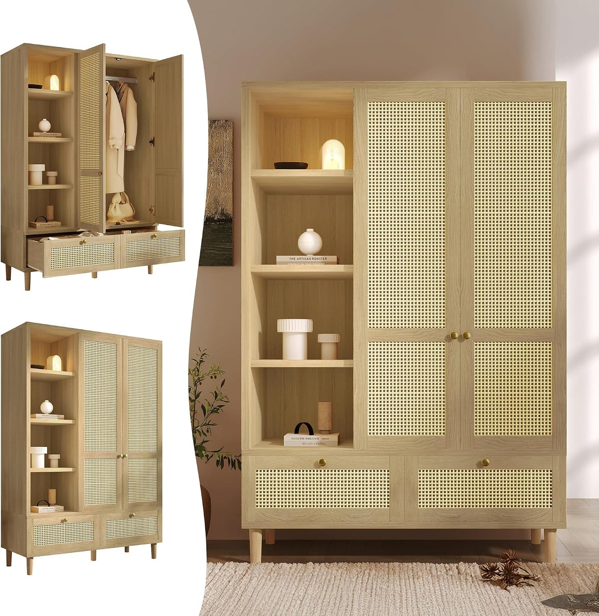 Armoire, 180 × 120 × 50 cm, Zepneiy, 180 cm, 120 cm, 2 Portes, 2 Tiroirs, Dispositif Anti-basculement
