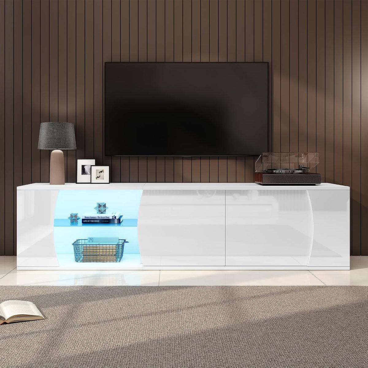 Meuble TV Yihomfy Blanc-75W, verre, 180 × 40 × 45 cm, éclairage LED, pour téléviseur de 80', 180 cm, 80 pouces, 3 Portes, pour Salon