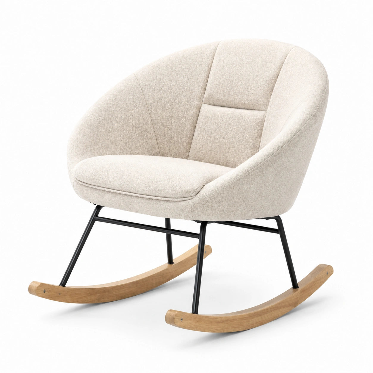 Fauteuil à bascule en tissu polyester beige avec structure en métal et pieds en bois