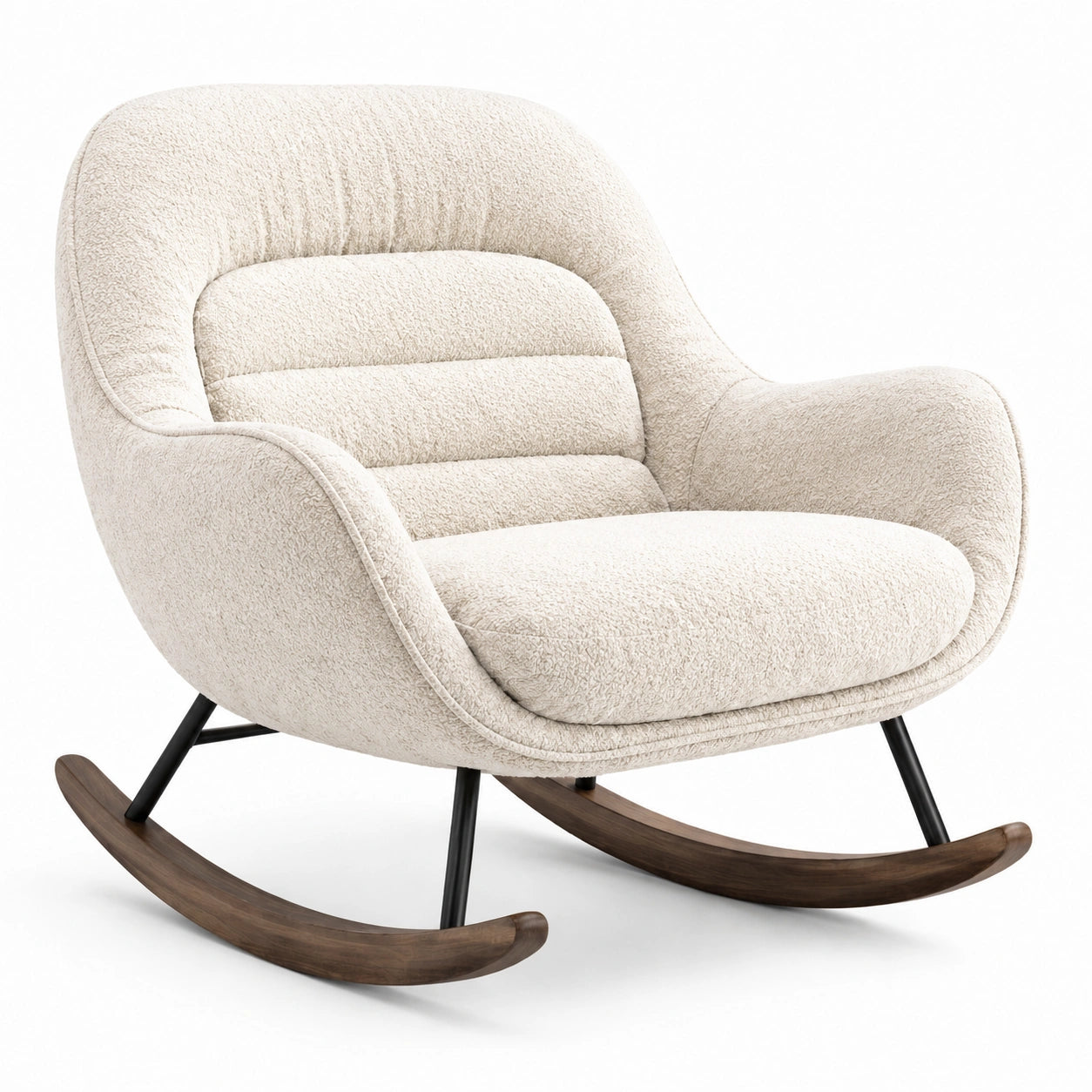 Fauteuil à bascule en bois et tissu bouclette beige
