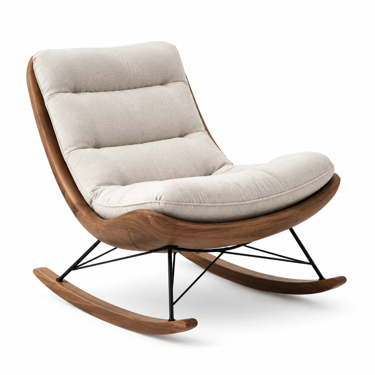 Fauteuil à bascule en bois de noyer et tissu beige
