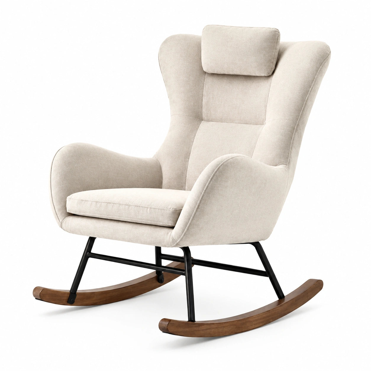 Fauteuil à bascule en tissu polyester beige avec cadre en acier et pieds en hêtre