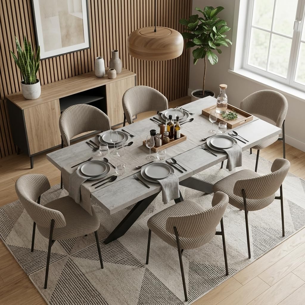 JIEXI Ensemble pour salle à manger, 170 cm, 1 table avec 6 chaises en velours côtelé gris, plateau en MDF avec pieds en métal noir araignée