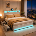 Lit LIVLUX 140x200, 140 × 200 cm, télécommande, 4 tiroirs, éclairage LED, portable, en Lin, Beige