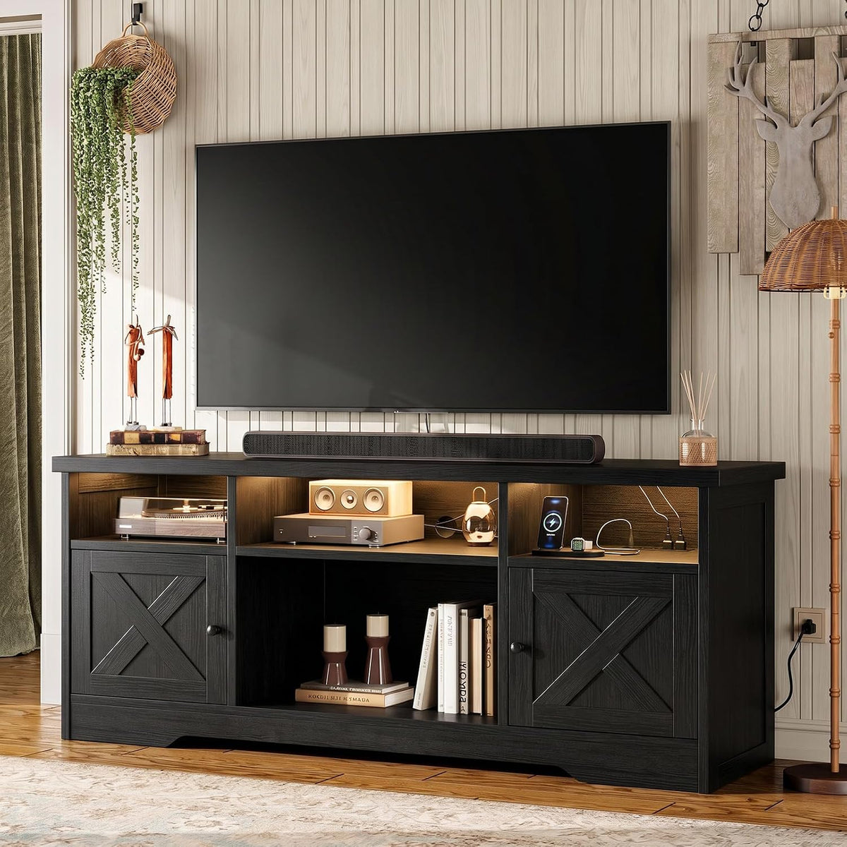 Meuble TV, éclairage LED, 165 cm, Idéal pour Le Salon et la Chambre, Coleshome, 150 cm, 35 cm, 4 Compartiments Ouverts et 2 Placards, USB et LED