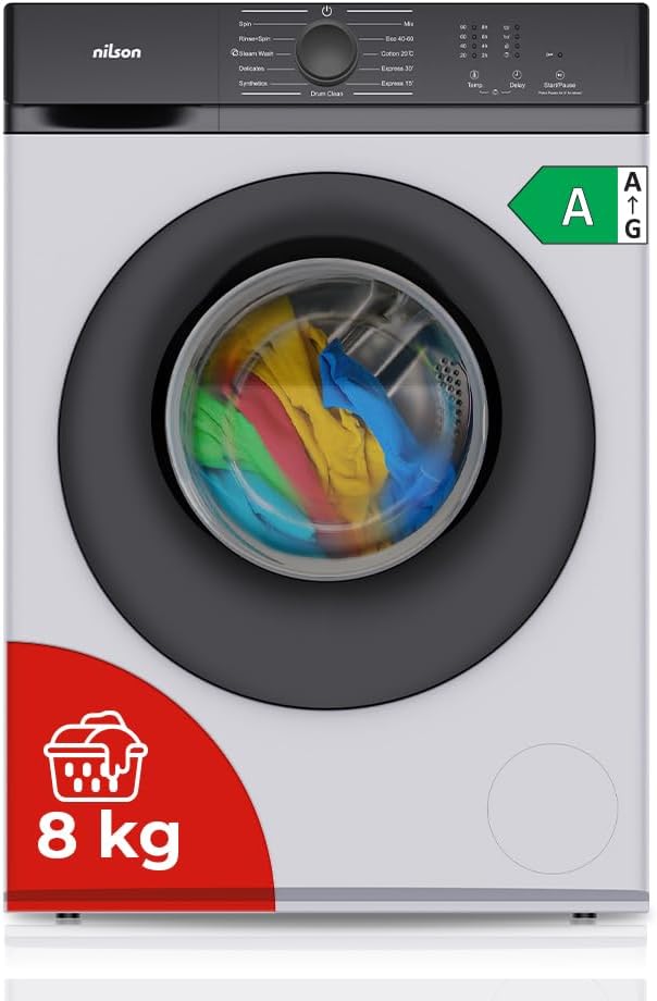 Lave-linge NILSON NL8200AI, acier inoxydable, moteur Inverter, 8 kg, 1200 tr/min, 84 cm, 59 cm, 45 cm, 11 Programmes, NL8200AI. 1200 rpm, Blanc