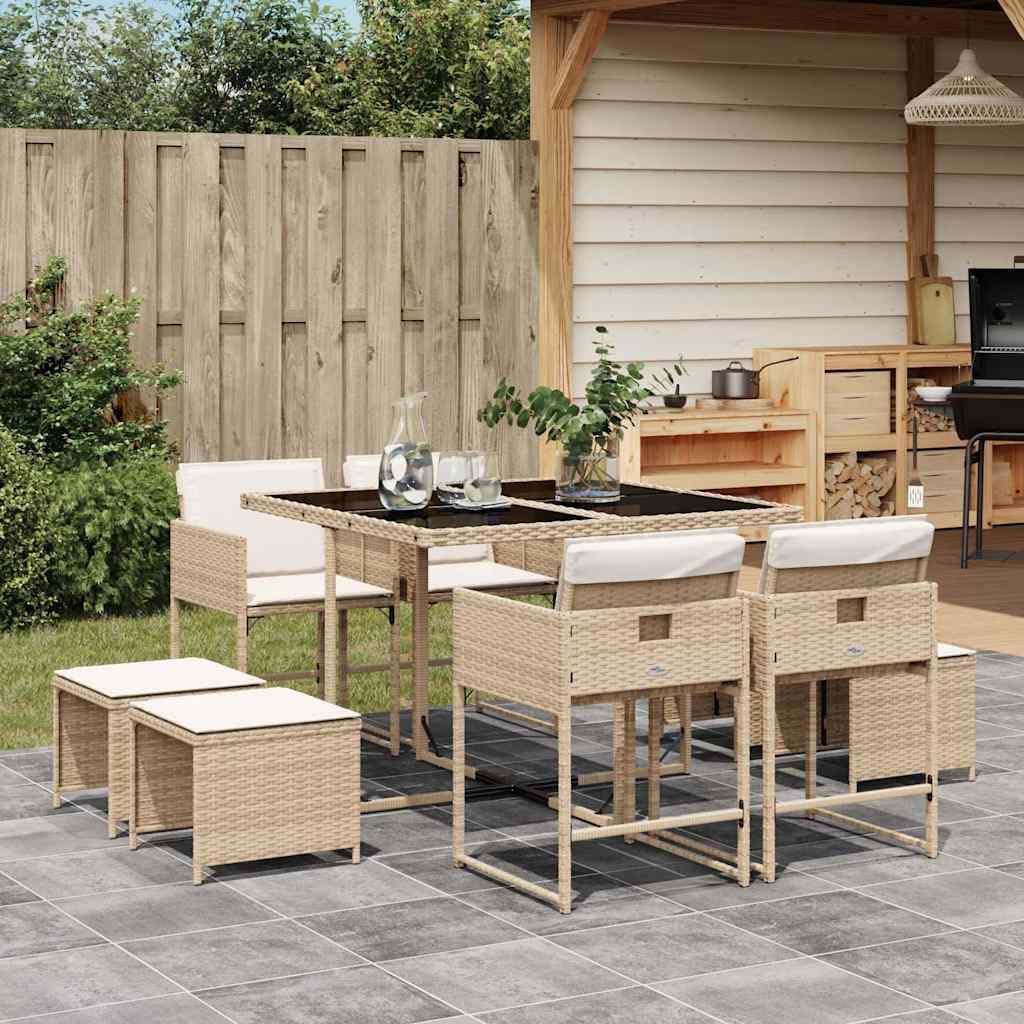 sephironlbb Ensemble salle à manger, Ensemble de Jardin 9 pièces en Poly rotin Beige avec Coussins Amovibles, verre, 110 × 106 × 73 cm, pliable