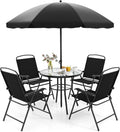 bistro, verre, 6Pcs Salon de Jardin Exterieur 4 Personnes avec 4 Chaises Pliantes en Textilène, 178 cm, GOPLUS, Noir, pour Patio