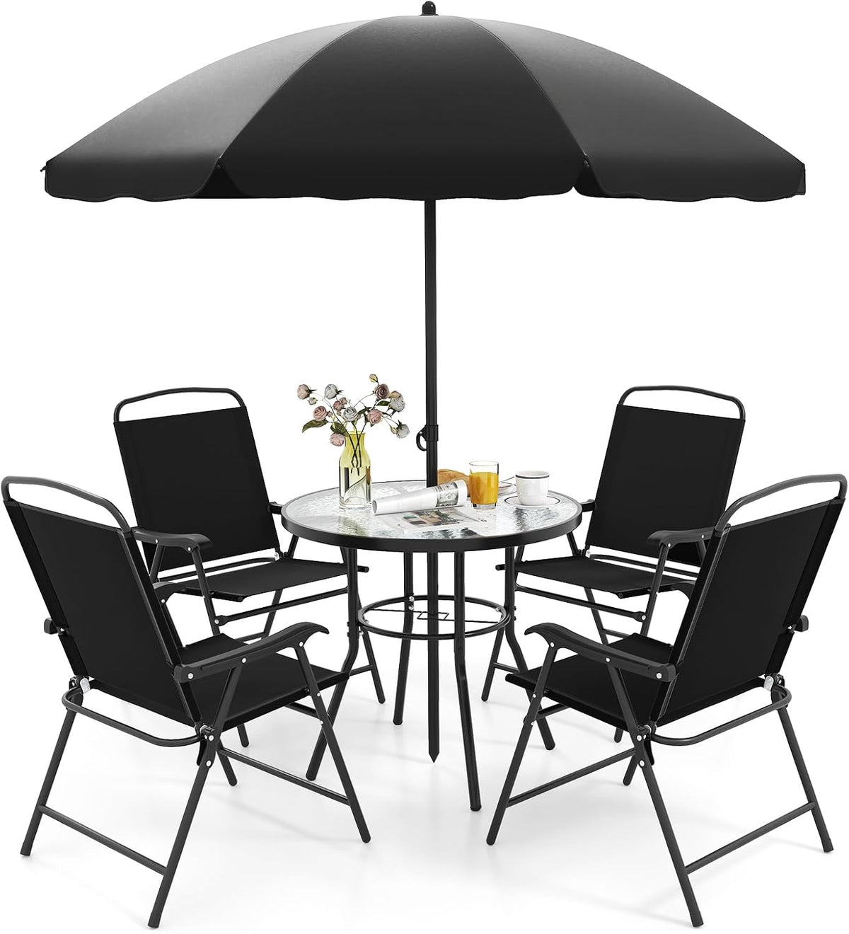 bistro, verre, 6Pcs Salon de Jardin Exterieur 4 Personnes avec 4 Chaises Pliantes en Textilène, 178 cm, GOPLUS, Noir, pour Patio