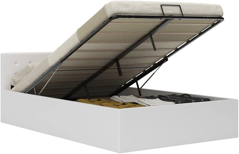 Cadre de lit toolkix, lit en métal stable pour chambre à, 140 × 200 cm, Lit de rangement hydraulique en cuir synthétique blanc, 73 cm