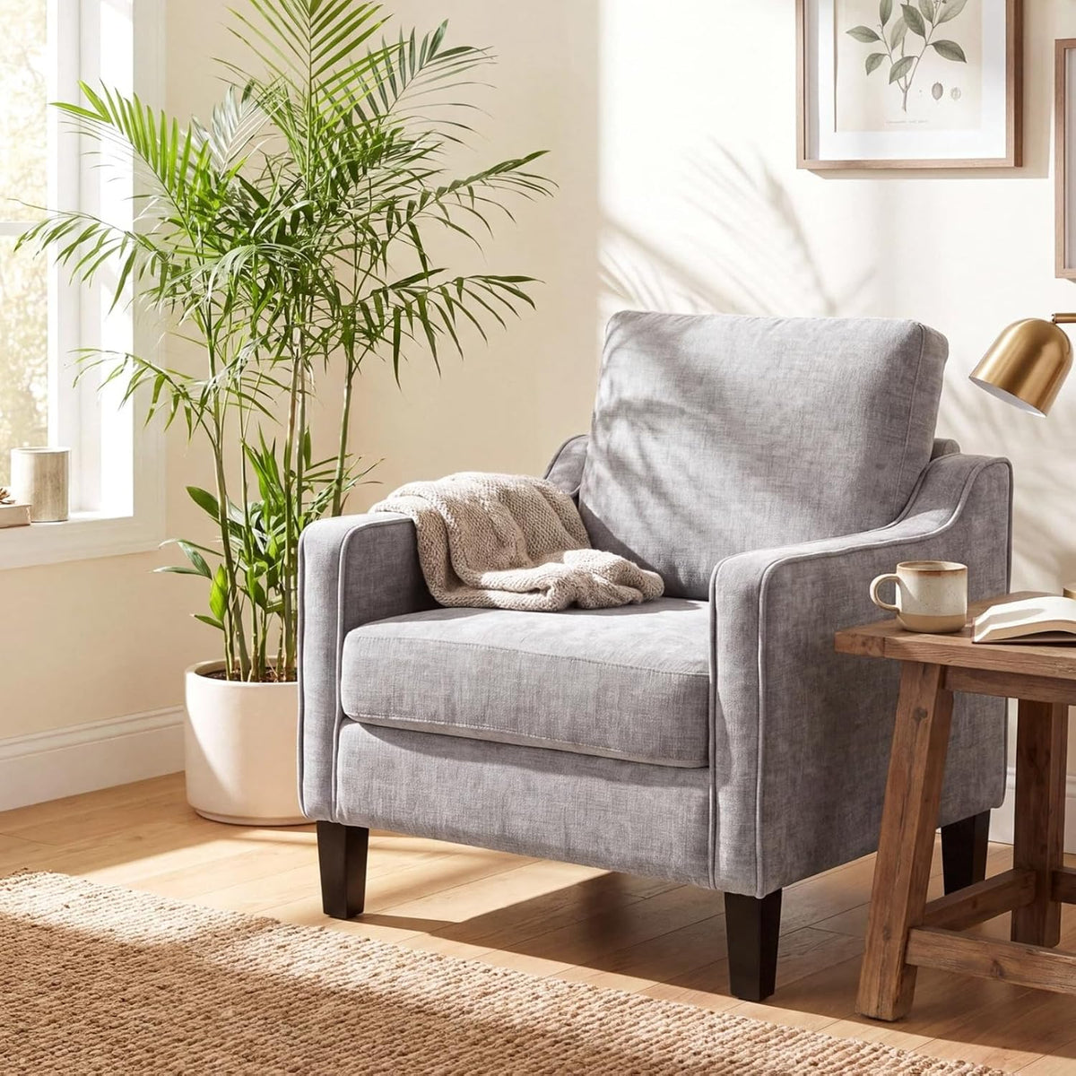 Fauteuil, pour Chambre à Coucher, 75 cm, Clevich, 71 cm, 90 cm, 15, 5 cm, 13 cm, 1pc, Gris Clair, en Chenille, Chaise d'appoint relaxante