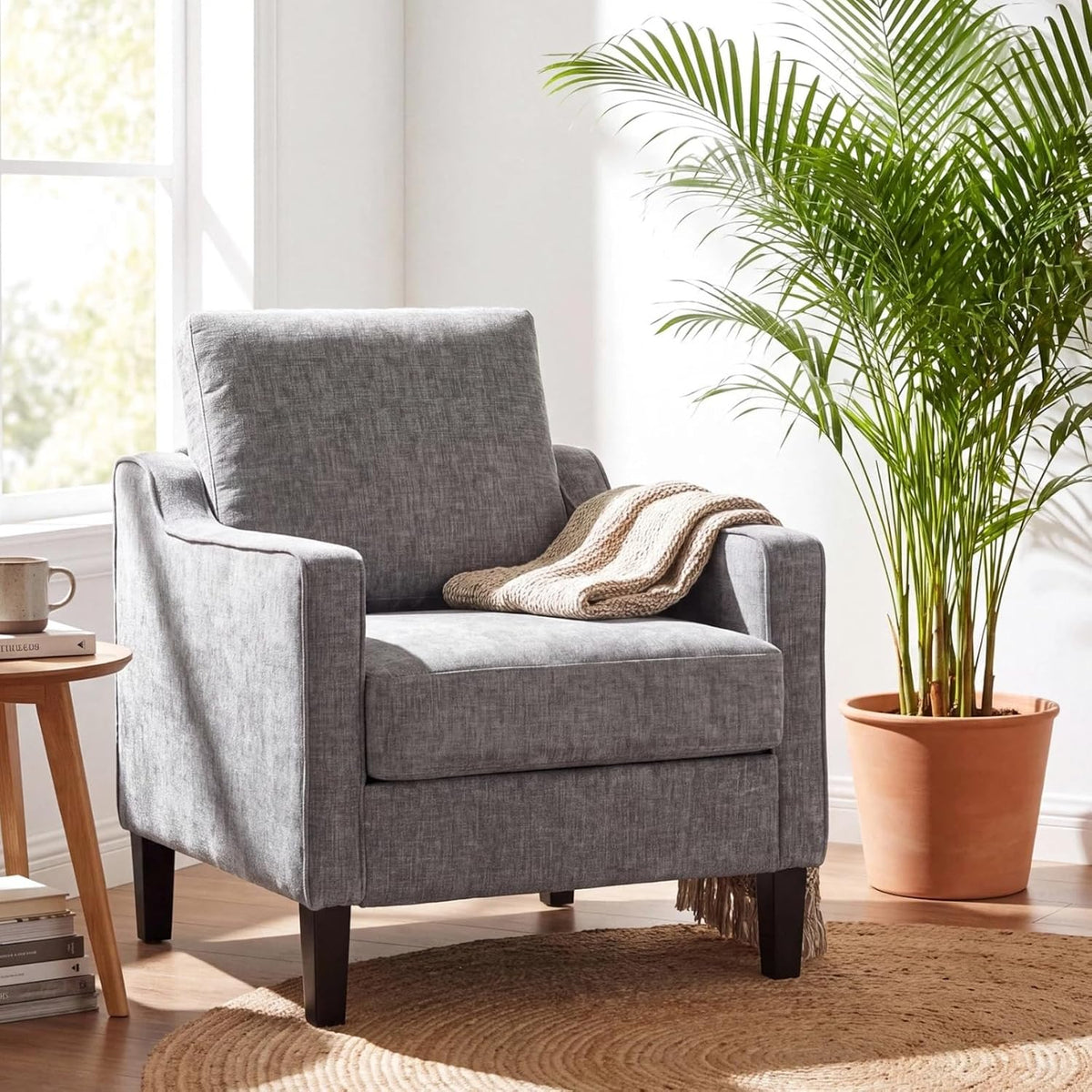 Fauteuil Clevich, 75 cm, pour Chambre à Coucher, 71 cm, 90 cm, 15, 5 cm, 13 cm, 1pc, Gris foncé, en Chenille, Chaise d'appoint relaxante, Confort