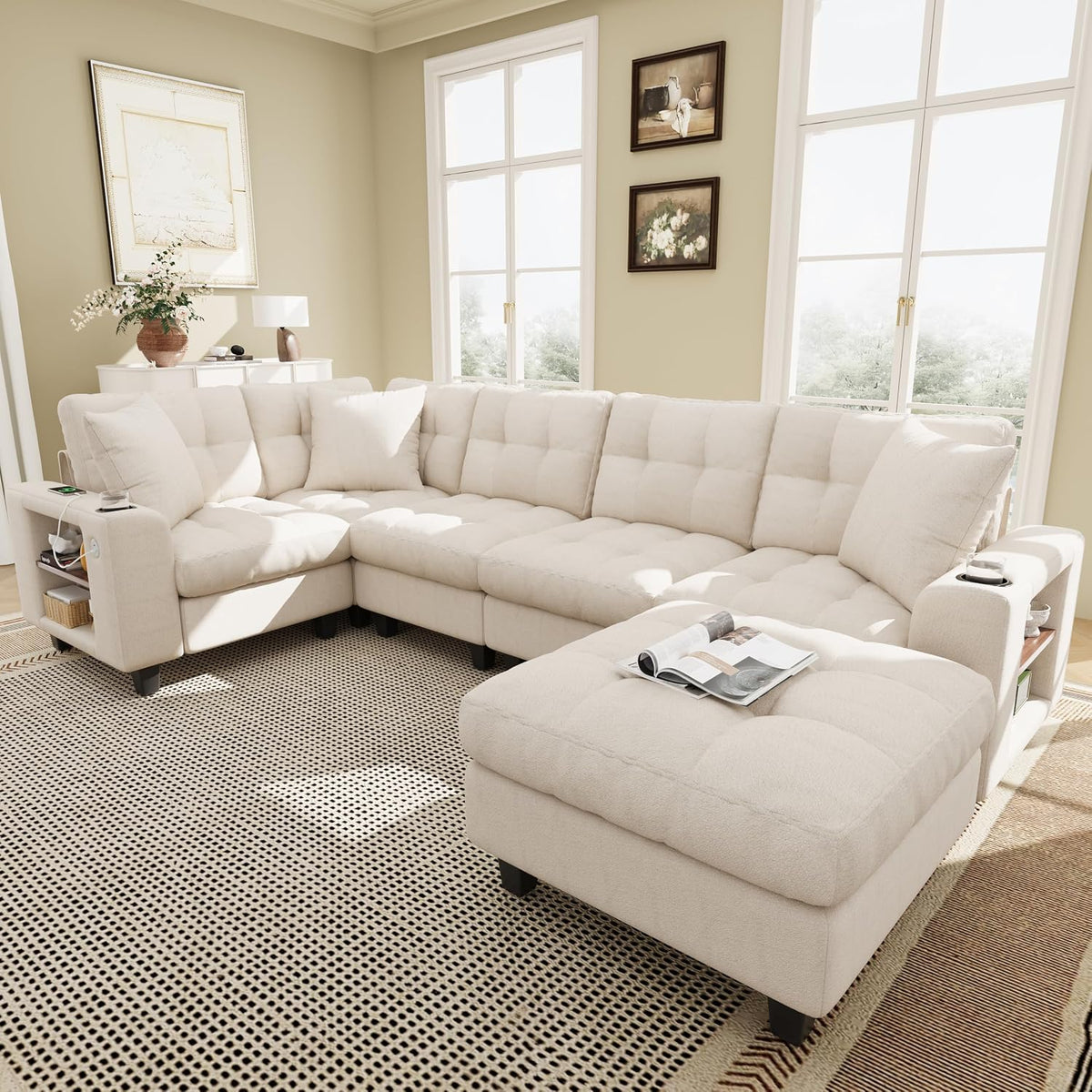 Canapé, 216, 5 × 216, 5 × 83 cm, avec accoudoirs bibliothèque, Pouf Amovible pour configurations en L et en U, Sapgaks, en Chenille, Beige