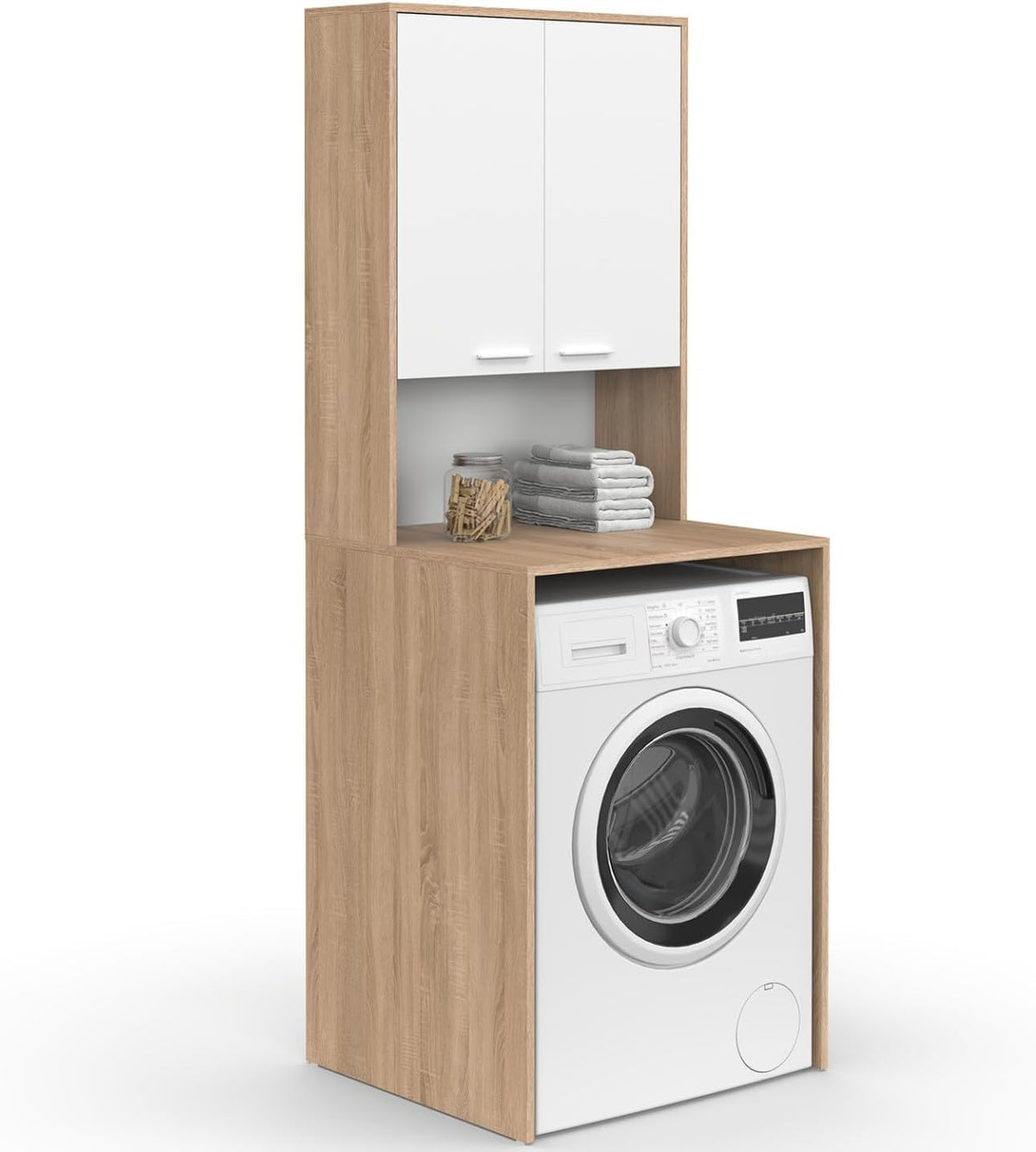 Meuble-lavabos, Meuble Dessus de Machine à Laver Wallis Bois façon hêtre, 180 cm, réglable, IDMarket, 65 cm, 60 cm, 57 cm, Blanc