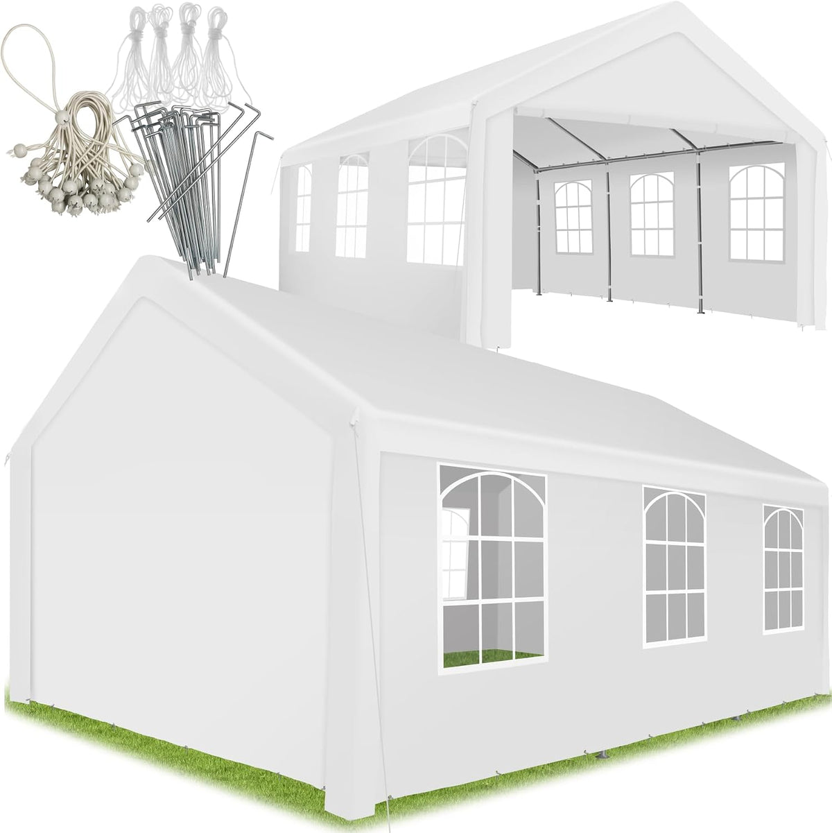 Tonnelle tectake, 6 × 4 m, Structure en Acier, Blanc, Rideaux de Toile à fenêtres