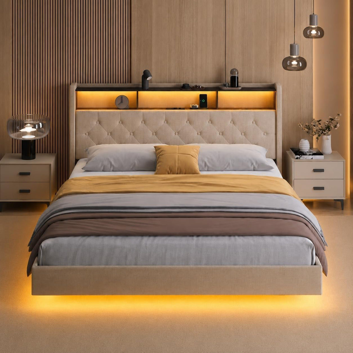 Cadre de lit, 160 × 200 cm, éclairage LED, Xbro, Lit Double Multiprise et Éclairage LED, avec Tête De Lit Rembourrée Et Rangement
