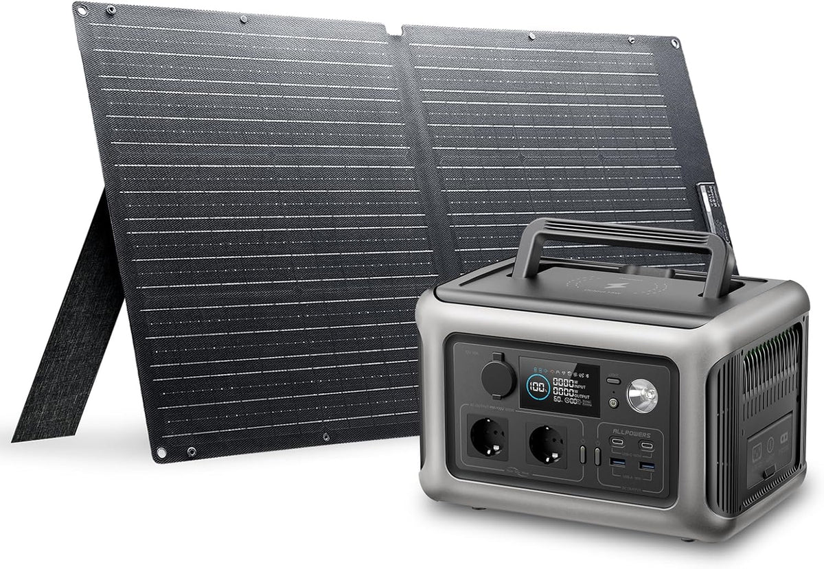 Groupe éléctrogènes, 1200 W, R600 générateur solaire 299Wh avec panneaux solaire 100W, ALLPOWERS, 18 W, 230V, 600W, 12V, 15W, 400W, 220W