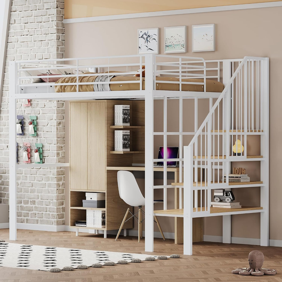 Lit, 140 × 200 cm, sans Matelas, pour Enfant, Merax, 251, 5 × 145 × 169 cm, Blanc, Armoire et Bureau
