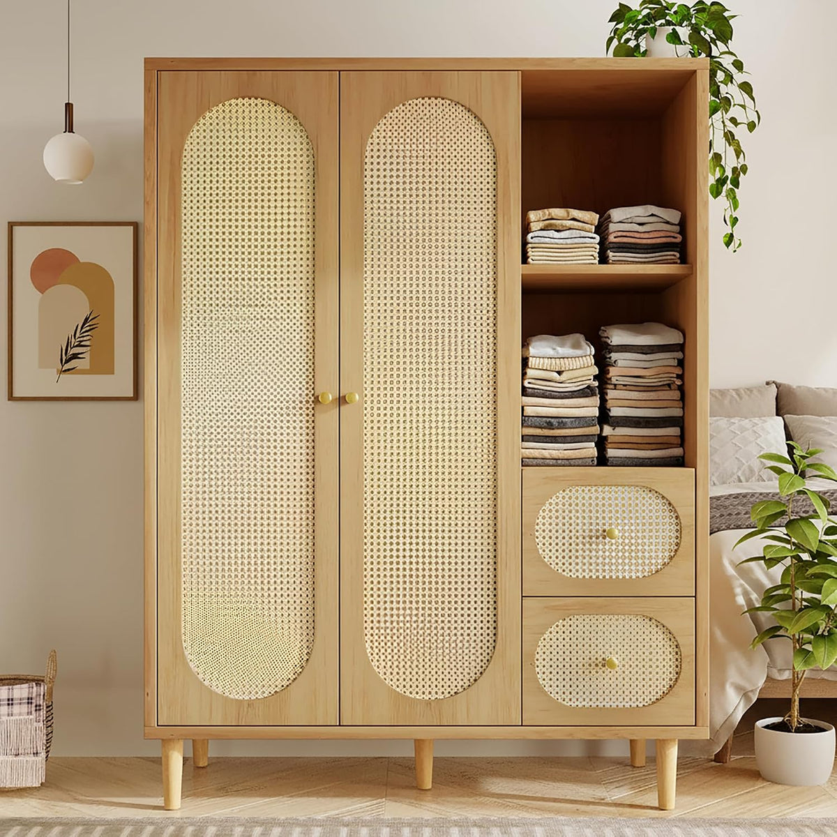 Armoire Yihomfy Oak-2, avec Couvercle inférieur Rabattable, 120 × 48 × 161 cm, Chambre, 2 Portes, Filet en rotin, Salon