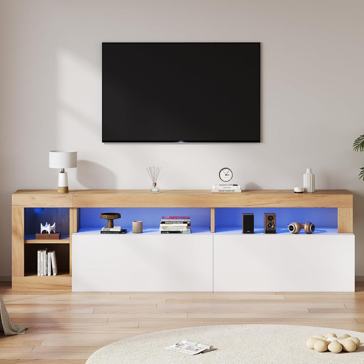Meuble TV BTM 184x42x58cm, pour Max 80 Pouces, éclairage LED, Blanc et Bois Naturel, 184 × 42 × 58cm, 180cm, portable