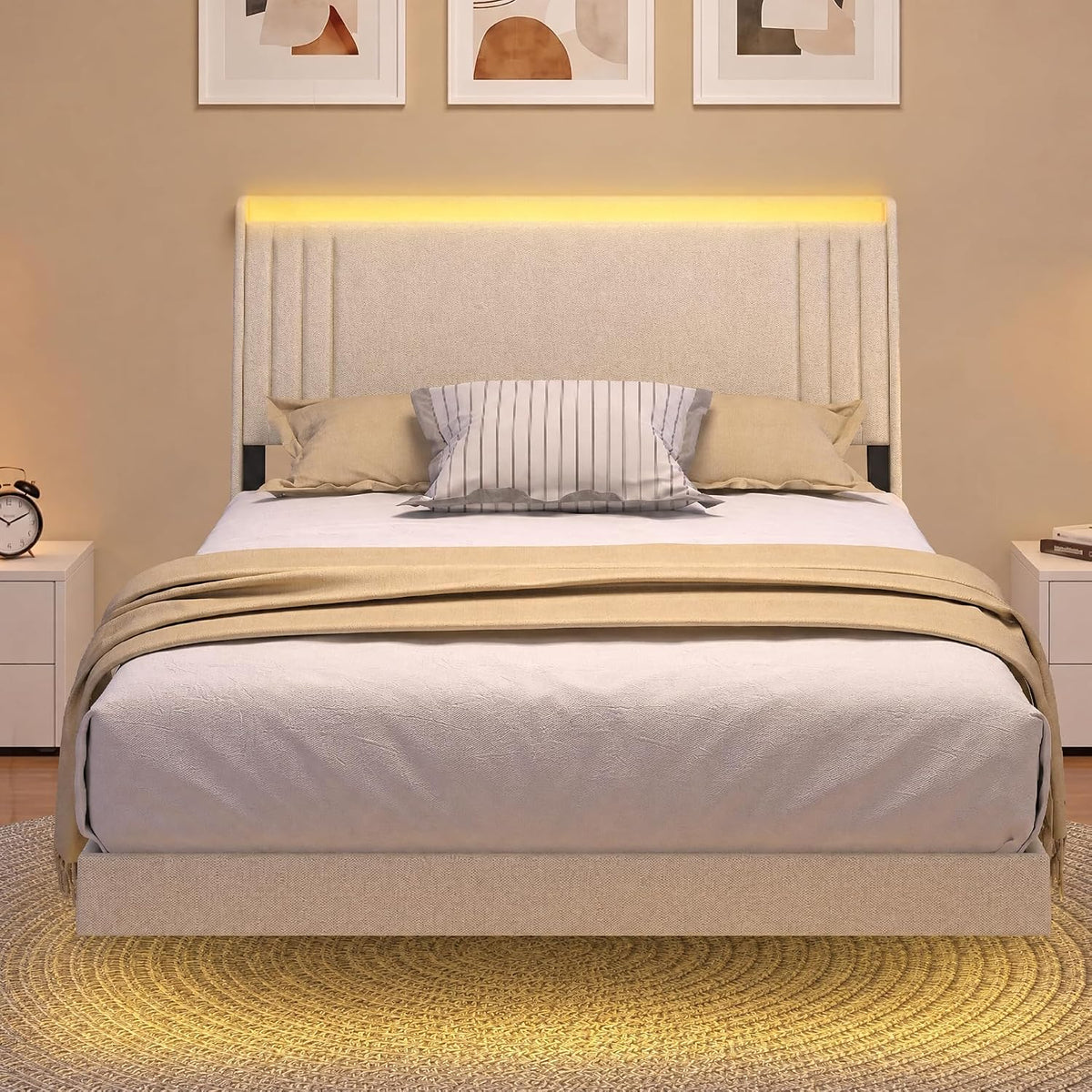 Cadre de lit Blishom, 140 × 200 cm, télécommande, 16 cm, Tête de Lit LED avec 2 Ports USB et 1 Type-C, éclairage LED, Design Moderne, Beige