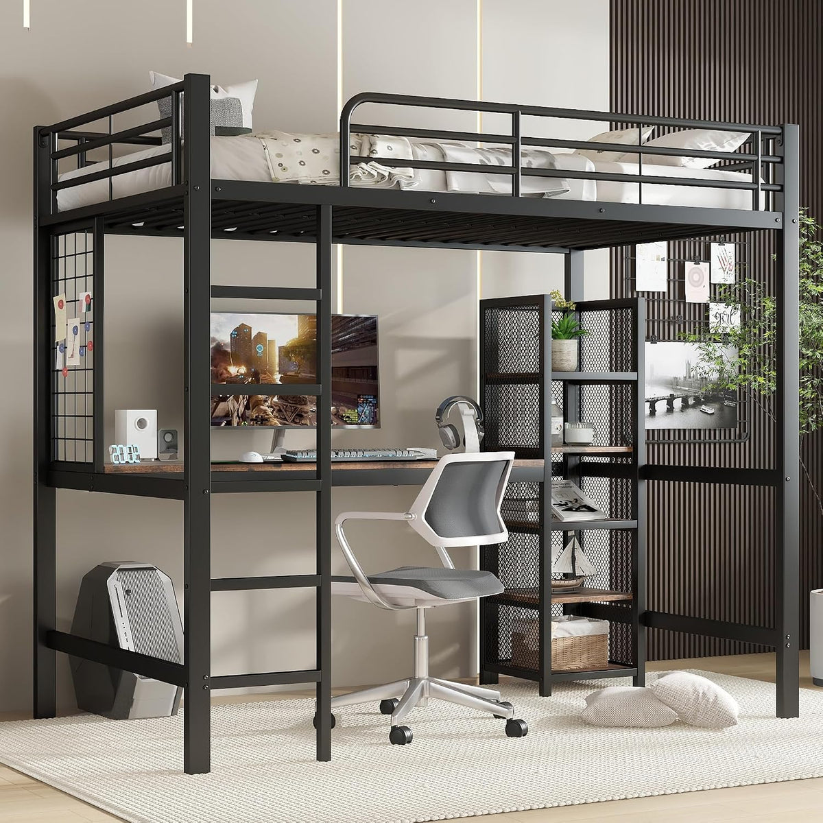 Lit ModernLuxe 90x200, Noir + Bois Foncé, 90 × 200 cm, Hochbett Eisenbett avec Bureau, 5 Niveaux, Étagère à 5 Niveaux, sans Matelas, Métal + MDF