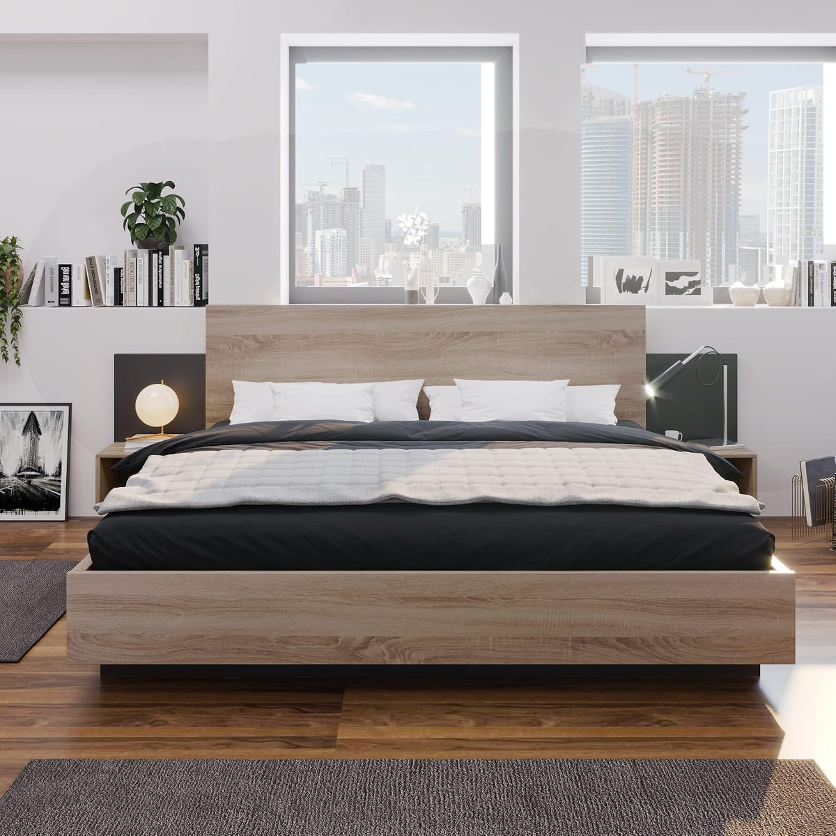 Lit, Cadre de Bois, 205, 5 × 235 × 76, 5 cm, Double avec à Lattes 2 Personnes, Sapgaks, 160 × 200 cm, 25 cm, éclairage LED, sans Matelas