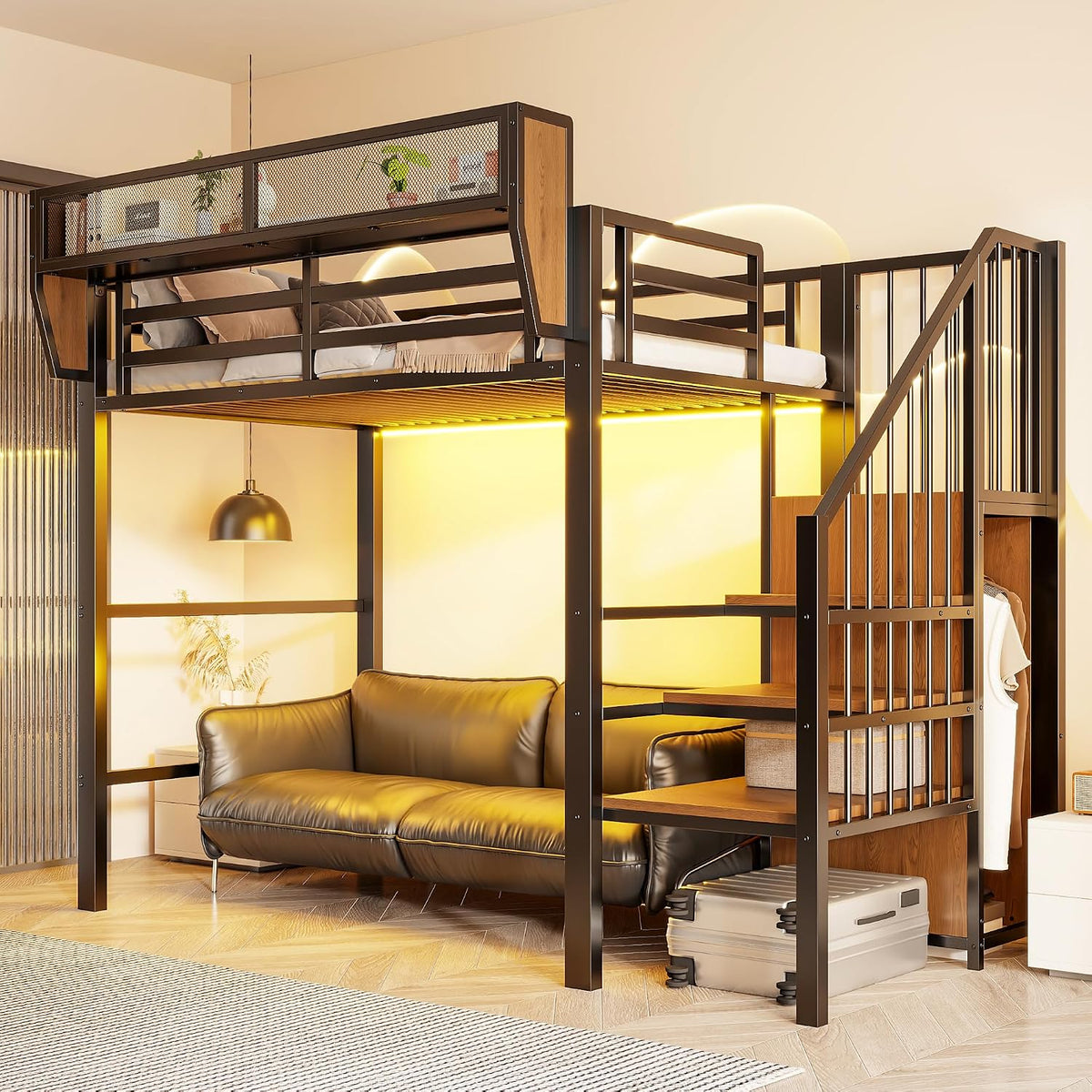 Lit, 90 × 200 cm, éclairage LED, Merax, 255 × 95 × 191 cm, 140 cm, réglable, échelle de sécurité et espace de rangement flexible