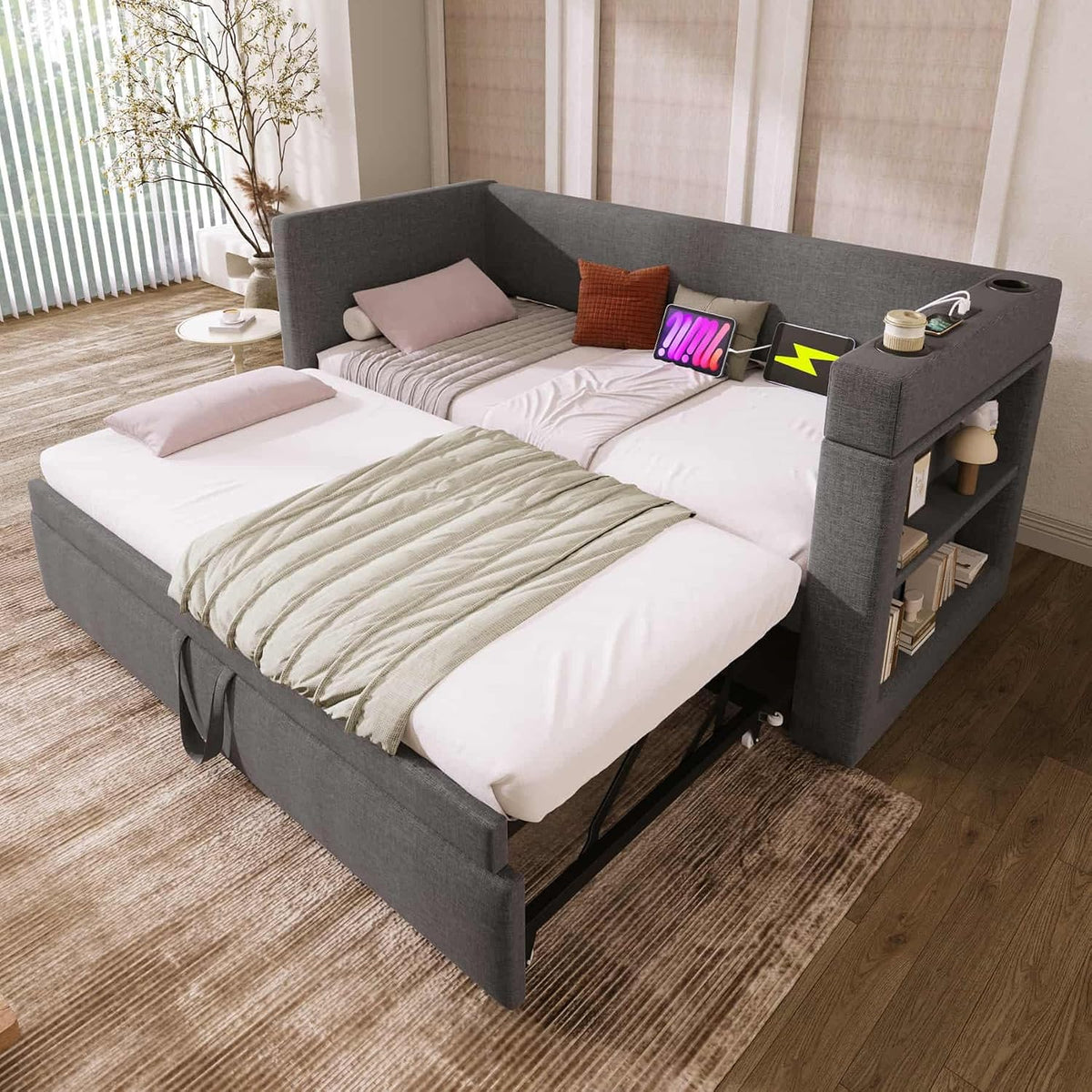 Cadre de lit, télécommande, 90 × 190cm, YEHTOKHOME, Lit de Jour avec Porte-gobelet et Multifonctionnel lit gigogne, Ports USB et Type-C, Gris