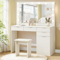 Coiffeuse, éclairage LED, 40, 5 × 24 × 43 cm, LEMROE, 90 cm, 52 cm, 105 cm, 36 cm, 15 mm, 3 modes, 4 tiroirs, 2 étagères, Blanc
