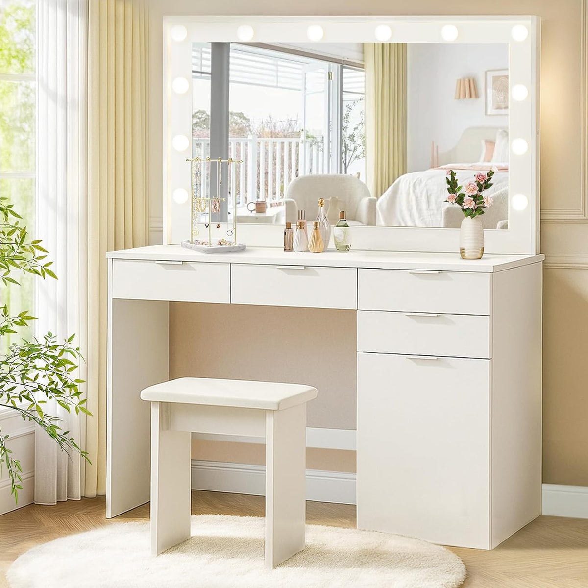Coiffeuse, éclairage LED, 40, 5 × 24 × 43 cm, LEMROE, 90 cm, 52 cm, 105 cm, 36 cm, 15 mm, 3 modes, 4 tiroirs, 2 étagères, Blanc