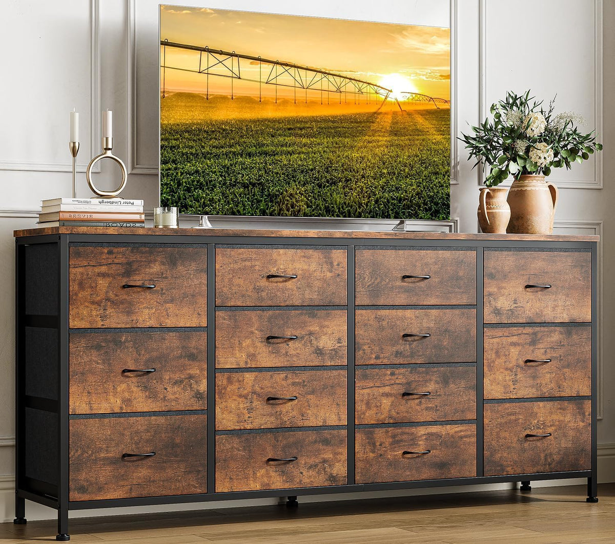 Meuble TV Garvee, 160cm Commode de Chambre à Coucher 14 Tiroirs en Tissu, 160 cm, télécommande, 35 cm, 75 cm, 75 pouces, Téléviseur, Armoire