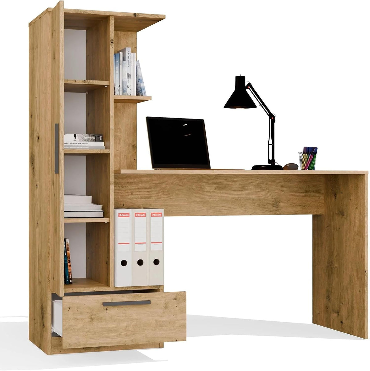 Bureau, 140 cm, CDF, 115 × 50 cm, 75 cm, 16 mm, Chêne Artisan 3 Compartiments, portable