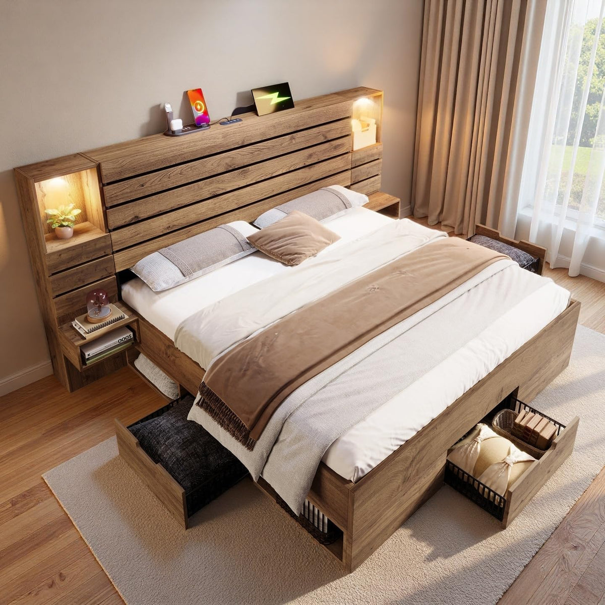 Cadre de lit, éclairage LED, 5 niveaux, Sapgaks, Port USB+Type-C, Niche éclairée, Tables de Chevet suspendues, tiroirs, Couleur chêne
