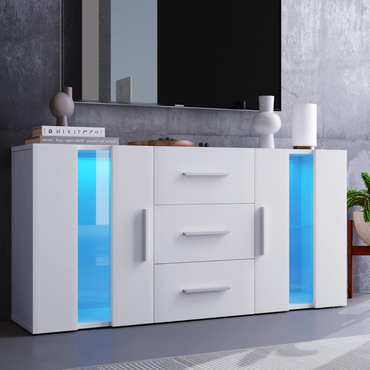 Meuble TV, télécommande, 140 × 35 × 70 cm, verre, Commode pour Salon, KOMHTOM, Armoire de Rangement avec 3 tiroirs et 2 Portes, éclairage LED