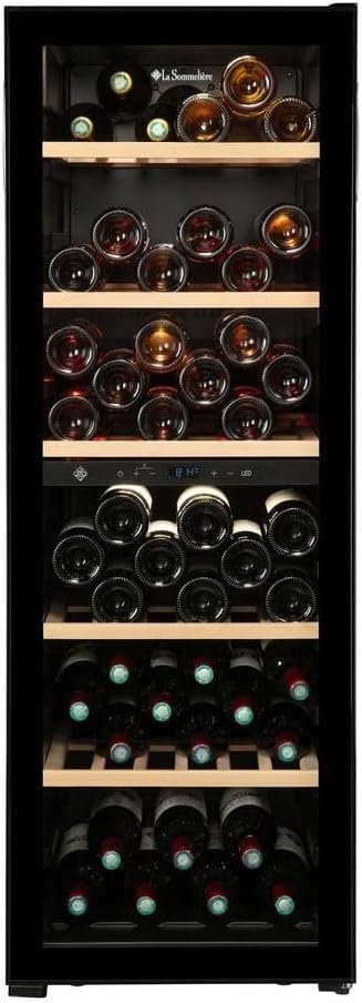 LA SOMMELIERE Cave à vin, 36 dB, Wi-Fi, SMART95DZ, 95 bouteilles, 12°C, 20°C, 2 zones, réglable, porte réversible, filtre à charbon