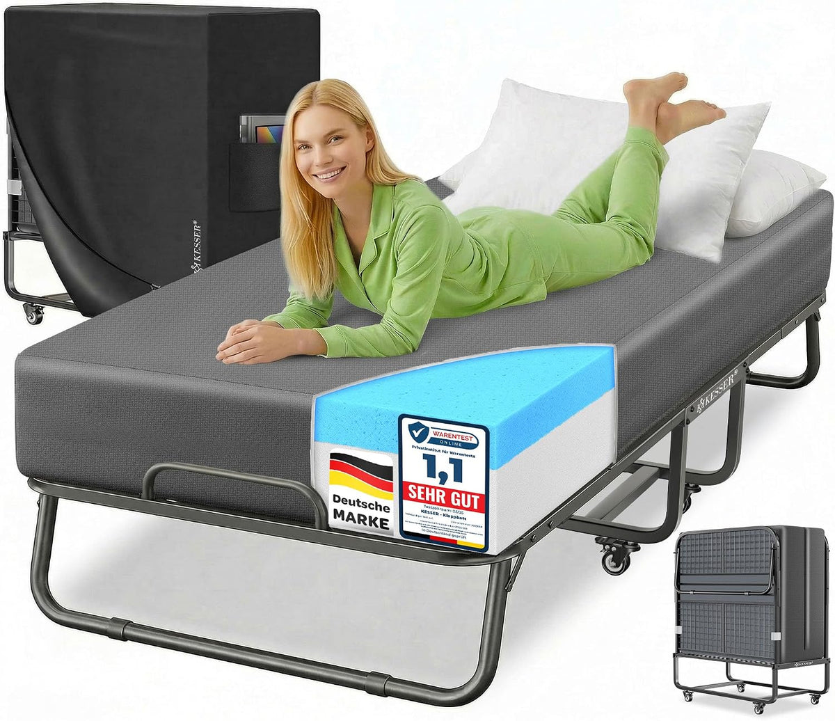 Lit, 200 × 90 cm, pliable, KESSER, 250 kg, 7 cm, 3 cm, Charge maximale: 250 kg, 30 °C