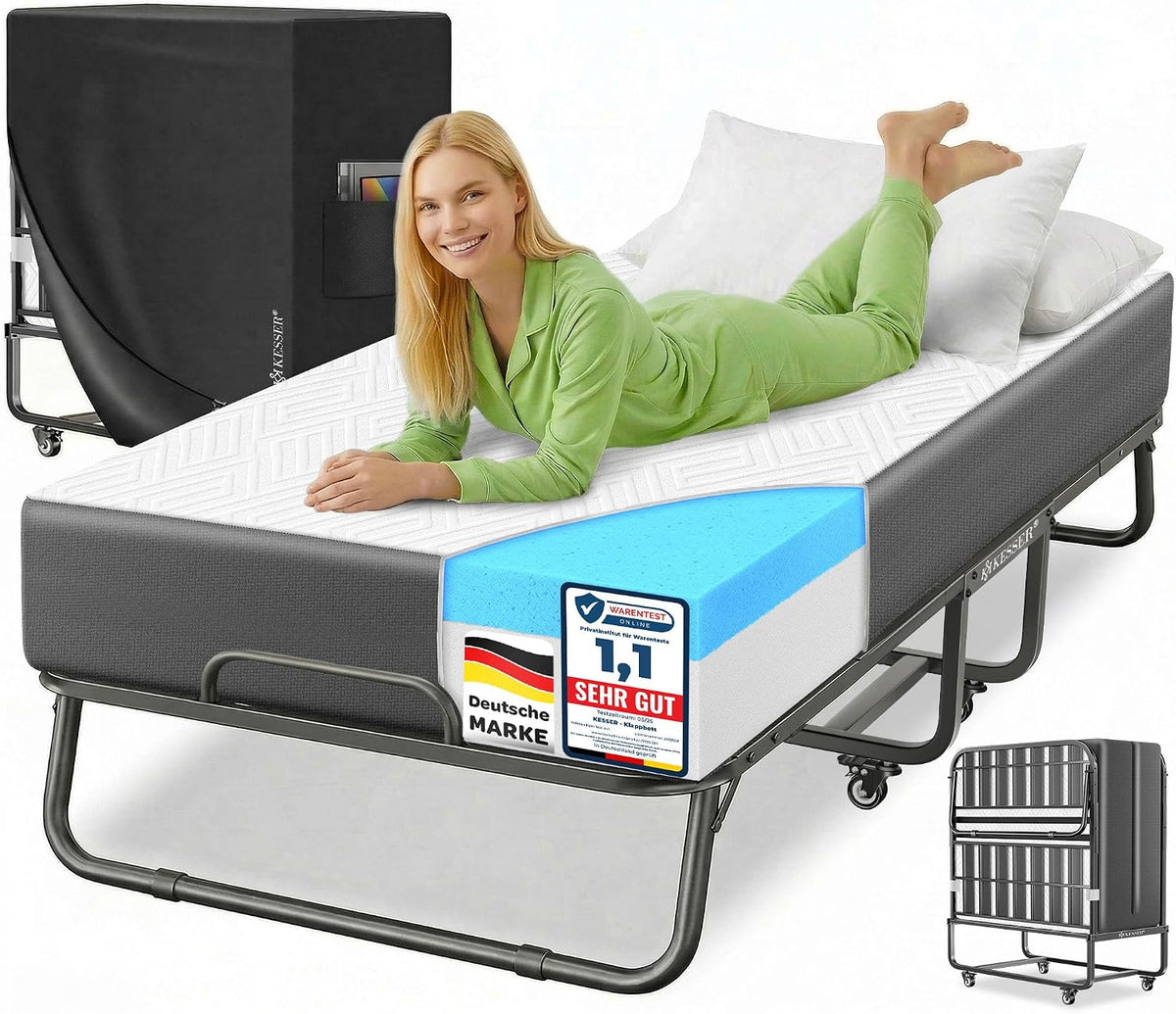 Lit, pliable, KESSER, 250 kg, 7 cm, 3 cm, Charge maximale: 250 kg, 30 °C, 200 × 90 cm