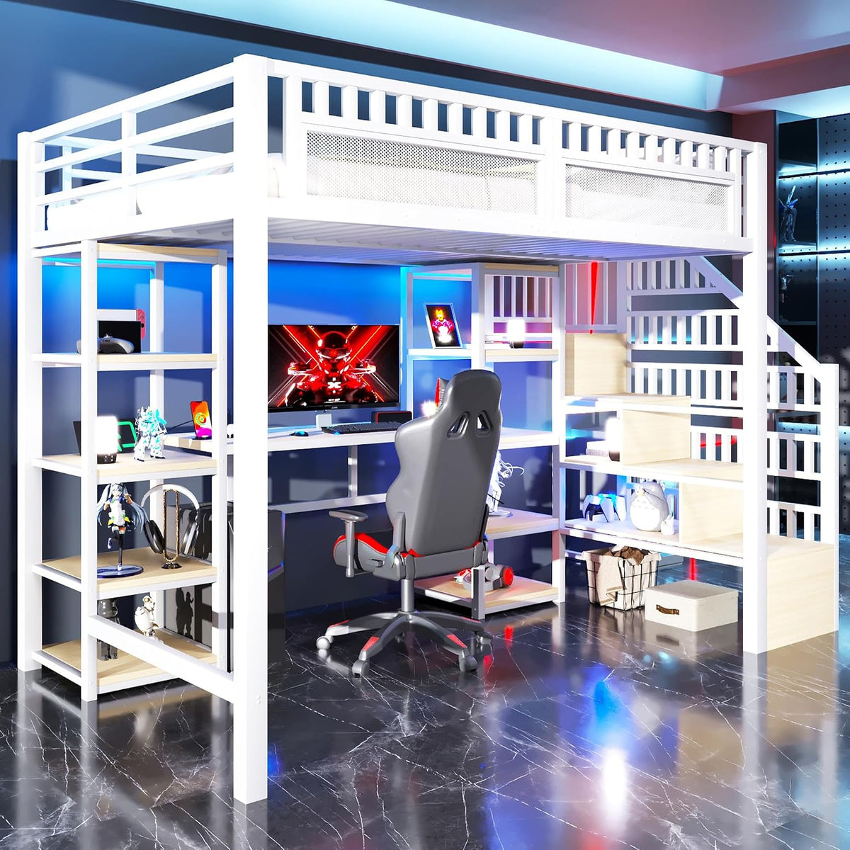 Cadre de lit, éclairage LED, Bureau, Sapgaks, Port USB, lit superposé avec Garde-Corps, A-Blanc, Compartiment de Rangement