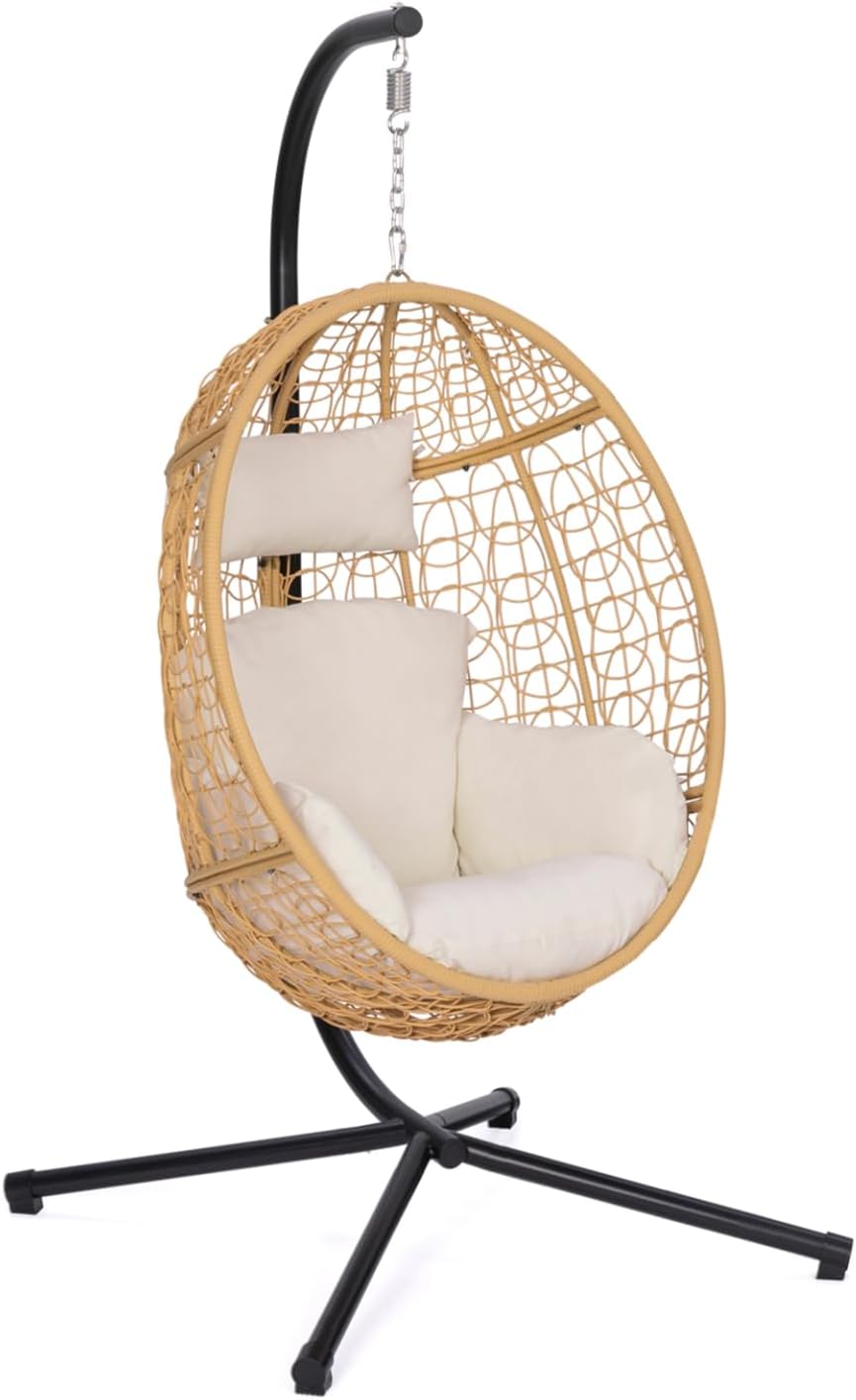 IDMarket Siège suspendu, Fauteuil Oeuf Suspendu ajouré Effet rotin avec Coussin écru, 15 cm, 196 cm, 100 cm