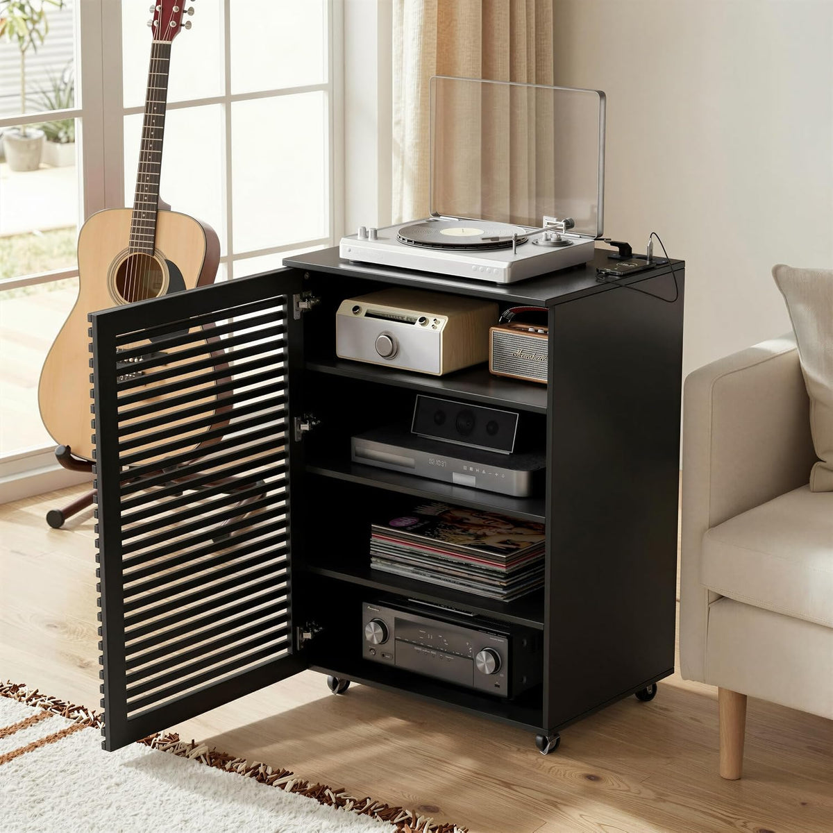 Elancee Étagère audiovisuelles, Meuble HiFi 5 Niveaux avec Multiprises, Meuble Vinyle en Bois, 60 × 50 × 90 cm, 3 étagères, réglable